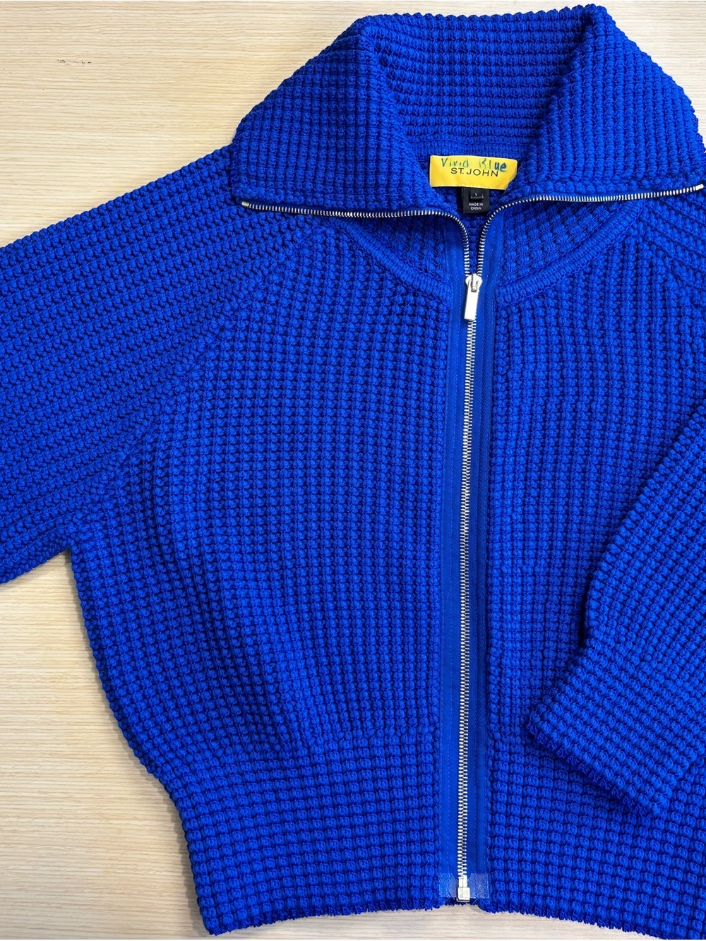 St John Vivid Blue Chunky Waffle Knit Zip Up Cardigan Sweater Sz Large
